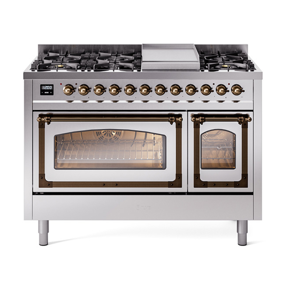 ILVE UN48FNMPSSBLP Nostalgie II Noblesse 48" Dual Fuel Range  (8 Sealed Burners + Griddle, Liquid Propane, Triple Glass Door, Stainless Steel, Bronze)