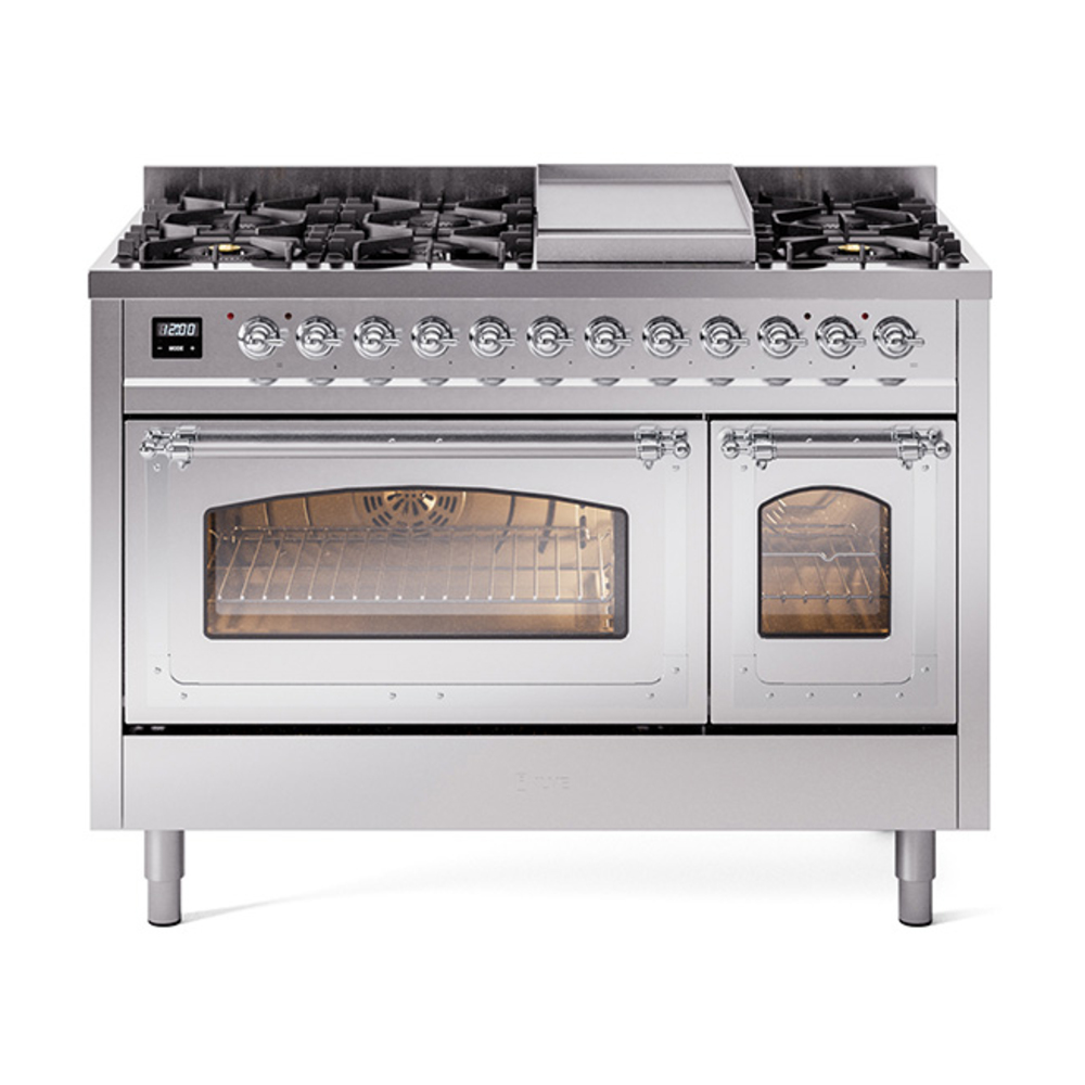 ILVE UN48FNMPSSCLP Nostalgie II Noblesse 48" Dual Fuel Range  (8 Sealed Burners + Griddle, Liquid Propane, Triple Glass Door, Stainless Steel, Chrome)