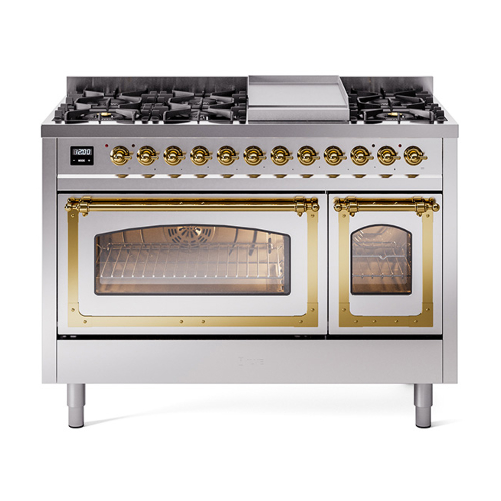 ILVE UN48FNMPSSGLP Nostalgie II Noblesse 48" Dual Fuel Range  (8 Sealed Burners + Griddle, Liquid Propane, Triple Glass Door, Stainless Steel, Brass)