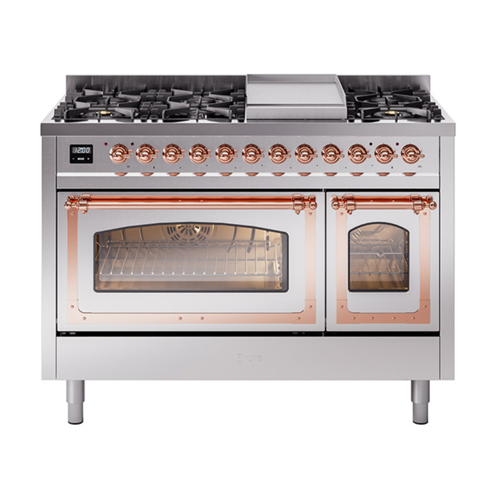 ILVE UN48FNMPSSPLP Nostalgie II Noblesse 48" Dual Fuel Range  (8 Sealed Burners + Griddle, Liquid Propane, Triple Glass Door, Stainless Steel, Copper)