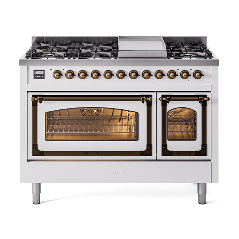 ILVE UN48FNMPWHBLP Nostalgie II Noblesse 48" Dual Fuel Range  (8 Sealed Burners + Griddle, Liquid Propane, Triple Glass Door, White, Burnished)