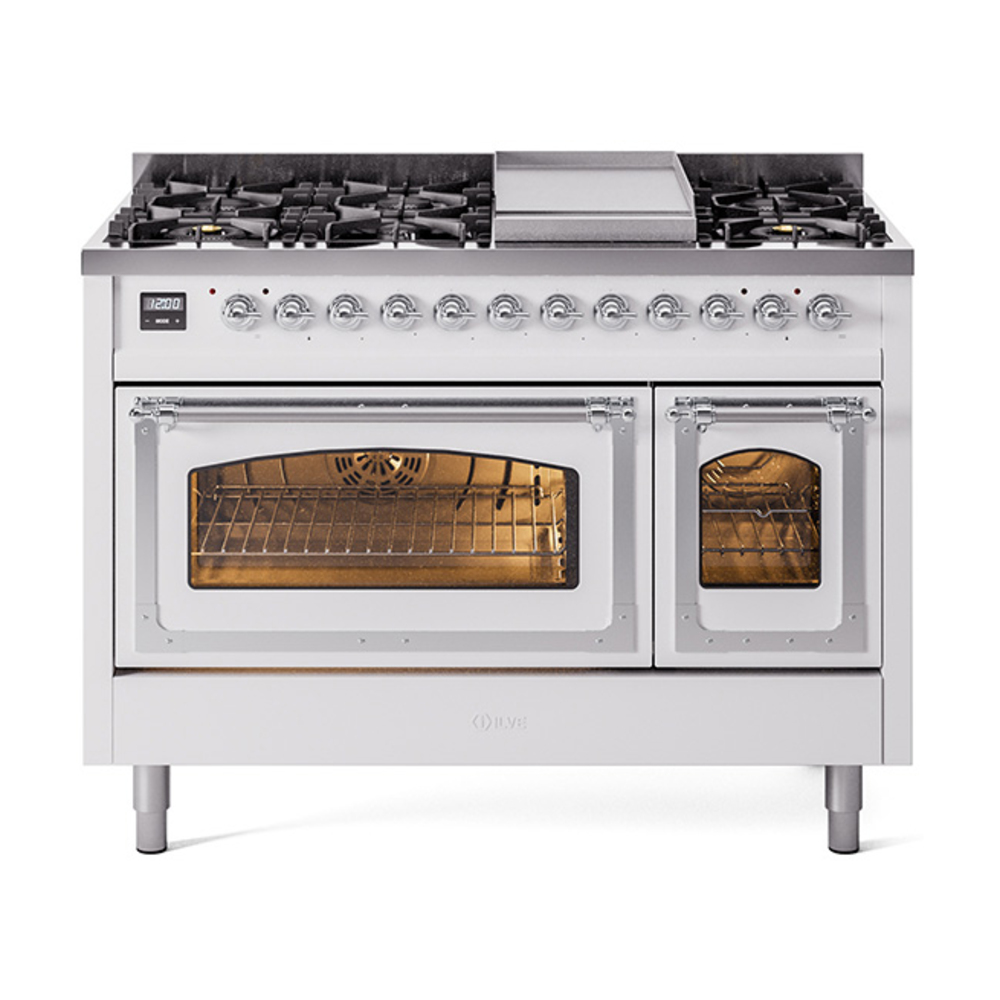 ILVE UN48FNMPWHCLP Nostalgie II Noblesse 48" Dual Fuel Range  (8 Sealed Burners + Griddle, Liquid Propane, Triple Glass Door, White, Chrome)