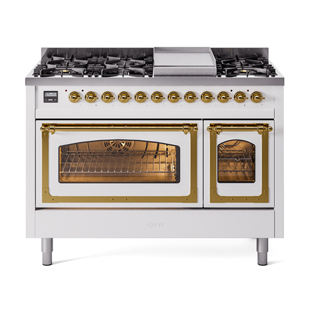 ILVE UN48FNMPWHGLP Nostalgie II Noblesse 48" Dual Fuel Range  (8 Sealed Burners + Griddle, Liquid Propane, Triple Glass Door, White, Brass)