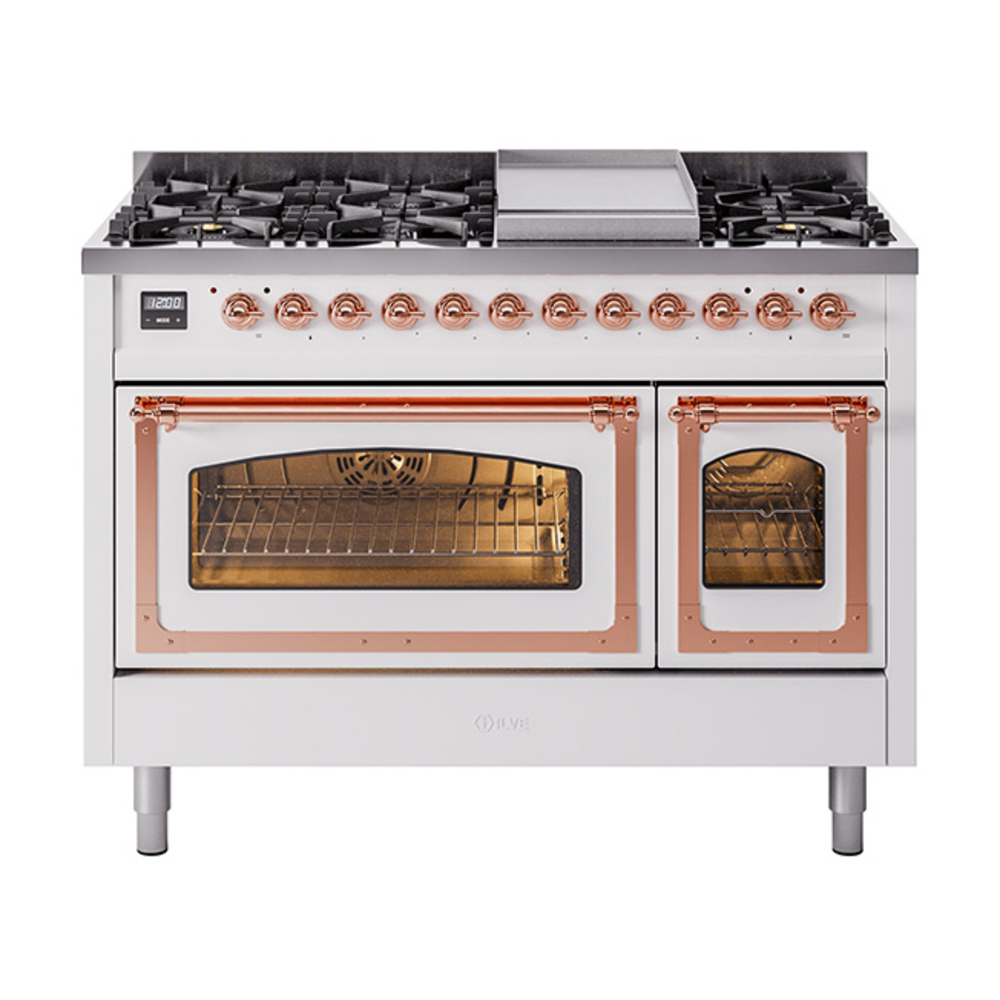 ILVE UN48FNMPWHPLP Nostalgie II Noblesse 48" Dual Fuel Range  (8 Sealed Burners + Griddle, Liquid Propane, Triple Glass Door, White, Copper)