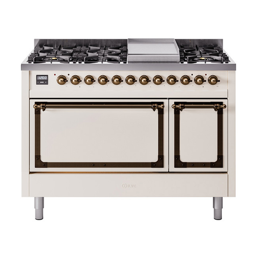 ILVE UN48FQNMPAWBLP Nostalgie II Noblesse 48" Dual Fuel Range  (8 Sealed Burners + Griddle, Liquid Propane, Solid Door, Antique White, Bronze)