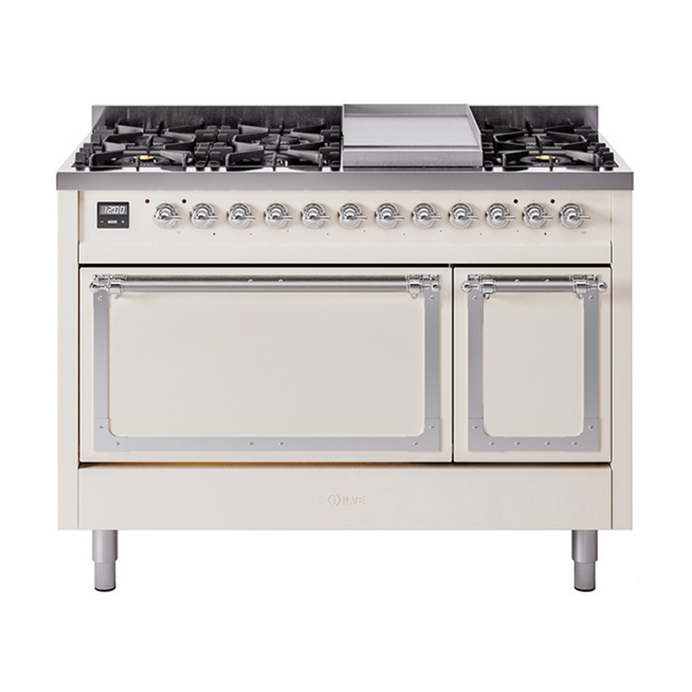 ILVE UN48FQNMPAWCLP Nostalgie II Noblesse 48" Dual Fuel Range  (8 Sealed Burners + Griddle, Liquid Propane, Solid Door, Antique White, Chrome)