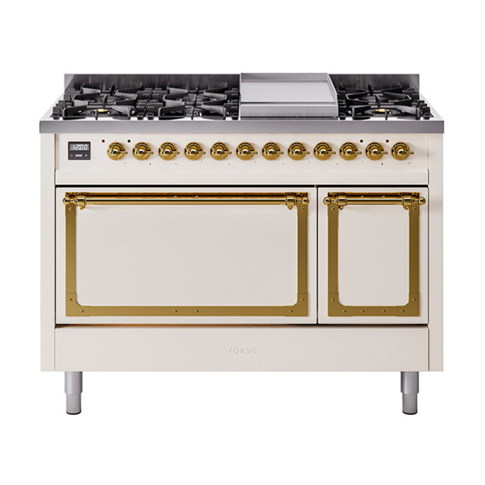 ILVE UN48FQNMPAWGLP Nostalgie II Noblesse 48" Dual Fuel Range  (8 Sealed Burners + Griddle, Liquid Propane, Solid Door, Antique White, Brass)