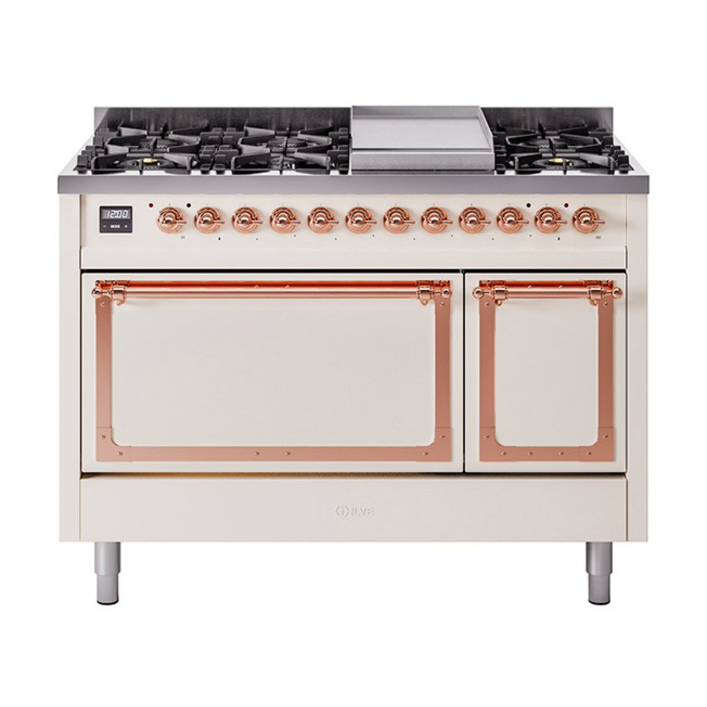 ILVE UN48FQNMPAWPLP Nostalgie II Noblesse 48" Dual Fuel Range  (8 Sealed Burners + Griddle, Liquid Propane, Solid Door, Antique White, Copper)