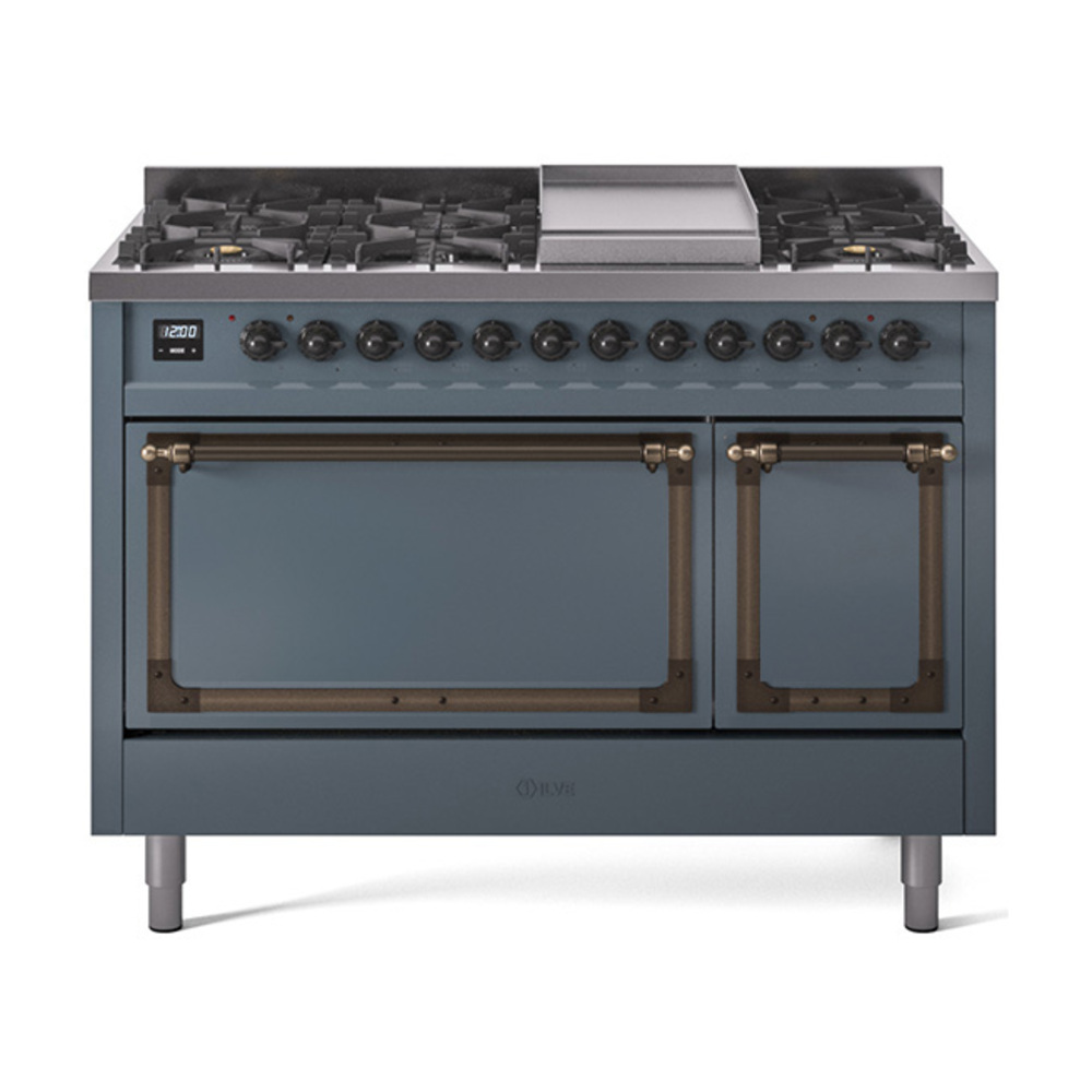 ILVE UN48FQNMPBGBLP Nostalgie II Noblesse 48" Dual Fuel Range  (8 Sealed Burners + Griddle, Liquid Propane, Solid Door, Blue Grey, Bronze)