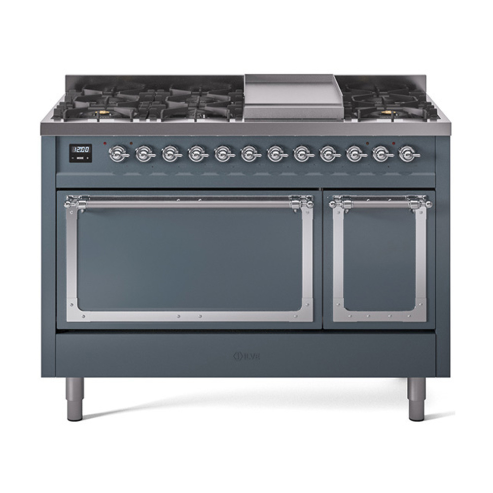 ILVE UN48FQNMPBGCLP Nostalgie II Noblesse 48" Dual Fuel Range  (8 Sealed Burners + Griddle, Liquid Propane, Solid Door, Blue Grey, Chrome)