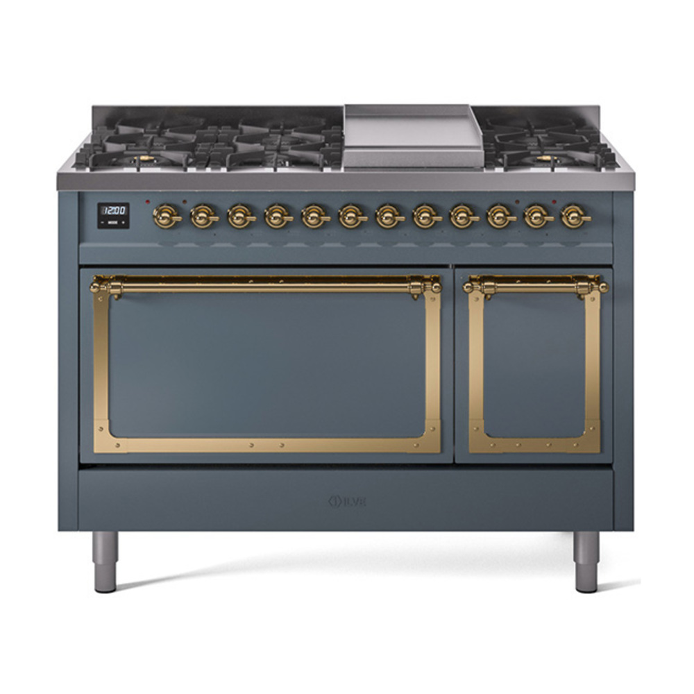 ILVE UN48FQNMPBGGLP Nostalgie II Noblesse 48" Dual Fuel Range  (8 Sealed Burners + Griddle, Liquid Propane, Solid Door, Blue Grey, Brass)