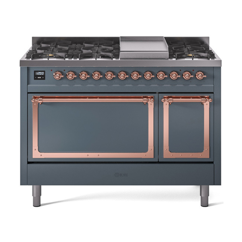 ILVE UN48FQNMPBGPLP Nostalgie II Noblesse 48" Dual Fuel Range  (8 Sealed Burners + Griddle, Liquid Propane, Solid Door, Blue Grey, Copper)