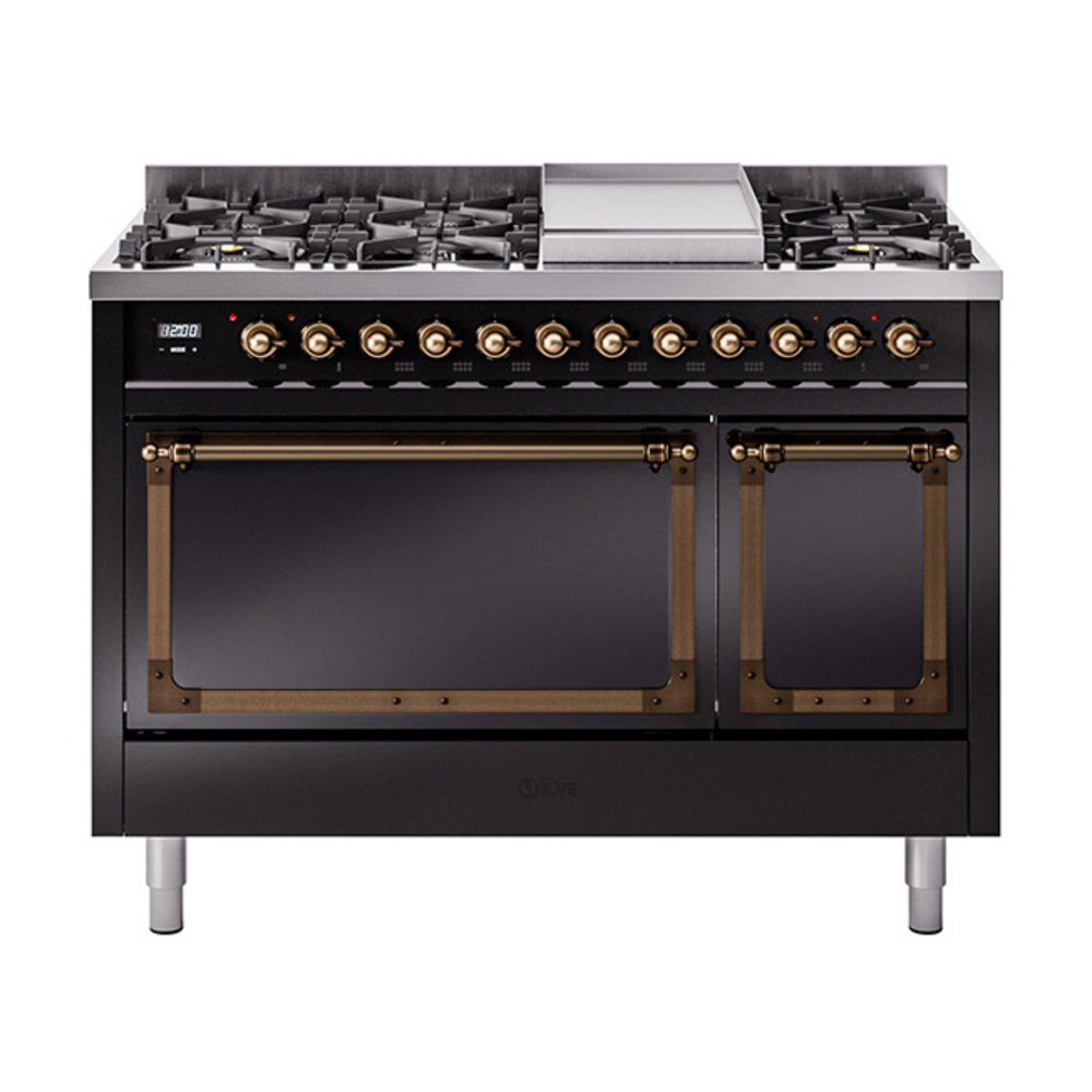 ILVE UN48FQNMPBKBLP Nostalgie II Noblesse 48" Dual Fuel Range  (8 Sealed Burners + Griddle, Liquid Propane, Solid Door, Glossy Black, Burnished)