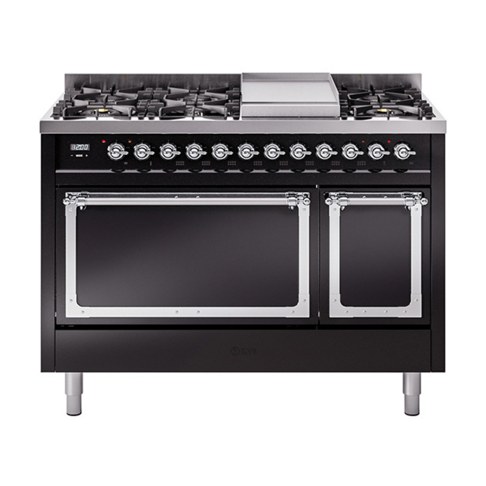 ILVE UN48FQNMPBKCLP Nostalgie II Noblesse 48" Dual Fuel Range  (8 Sealed Burners + Griddle, Liquid Propane, Solid Door, Glossy Black, Chrome)