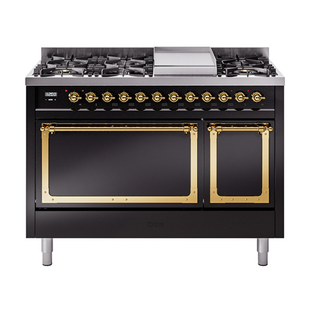 ILVE UN48FQNMPBKGLP Nostalgie II Noblesse 48" Dual Fuel Range  (8 Sealed Burners + Griddle, Liquid Propane, Solid Door, Glossy Black, Brass)