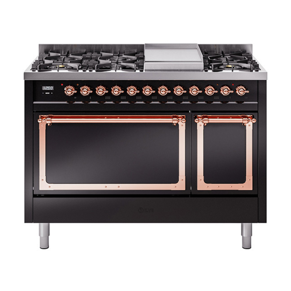 ILVE UN48FQNMPBKPLP Nostalgie II Noblesse 48" Dual Fuel Range  (8 Sealed Burners + Griddle, Liquid Propane, Solid Door, Glossy Black, Copper)