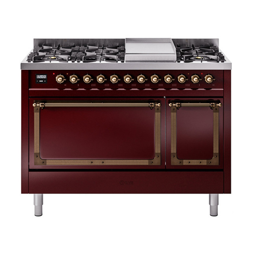 ILVE UN48FQNMPBUBLP Nostalgie II Noblesse 48" Dual Fuel Range  (8 Sealed Burners + Griddle, Liquid Propane, Solid Door, Burgundy, Bronze)