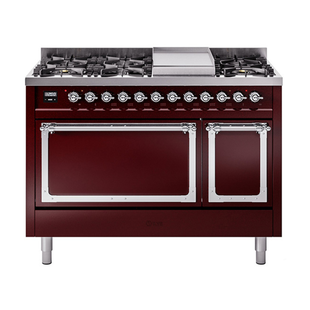 ILVE UN48FQNMPBUCLP Nostalgie II Noblesse 48" Dual Fuel Range  (8 Sealed Burners + Griddle, Liquid Propane, Solid Door, Burgundy, Chrome)