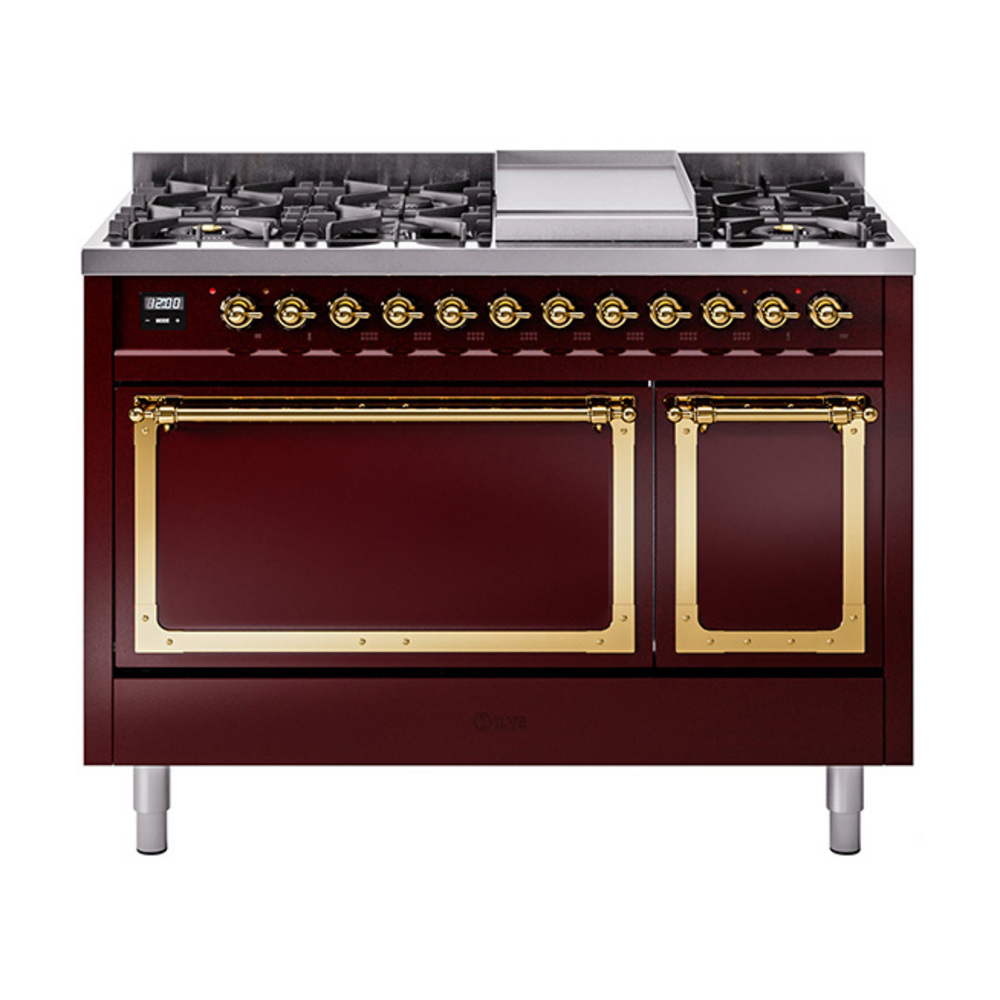 ILVE UN48FQNMPBUGLP Nostalgie II Noblesse 48" Dual Fuel Range  (8 Sealed Burners + Griddle, Liquid Propane, Solid Door, Burgundy, Brass)