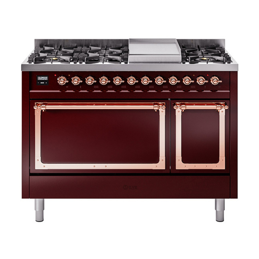 ILVE UN48FQNMPBUPLP Nostalgie II Noblesse 48" Dual Fuel Range  (8 Sealed Burners + Griddle, Liquid Propane, Solid Door, Burgundy, Copper)