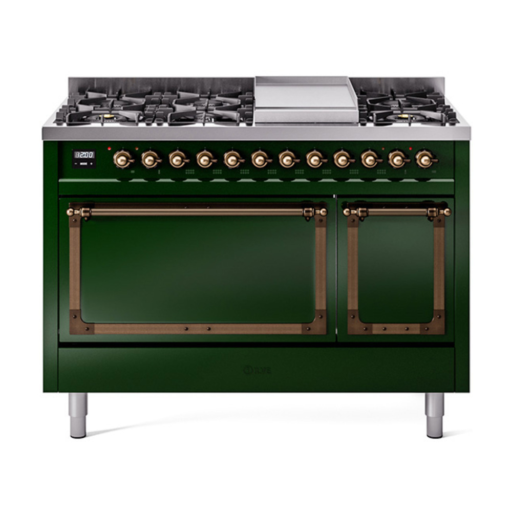 ILVE UN48FQNMPEGBLP Nostalgie II Noblesse 48" Dual Fuel Range  (8 Sealed Burners + Griddle, Liquid Propane, Solid Door, Emerald Green, Burnished)