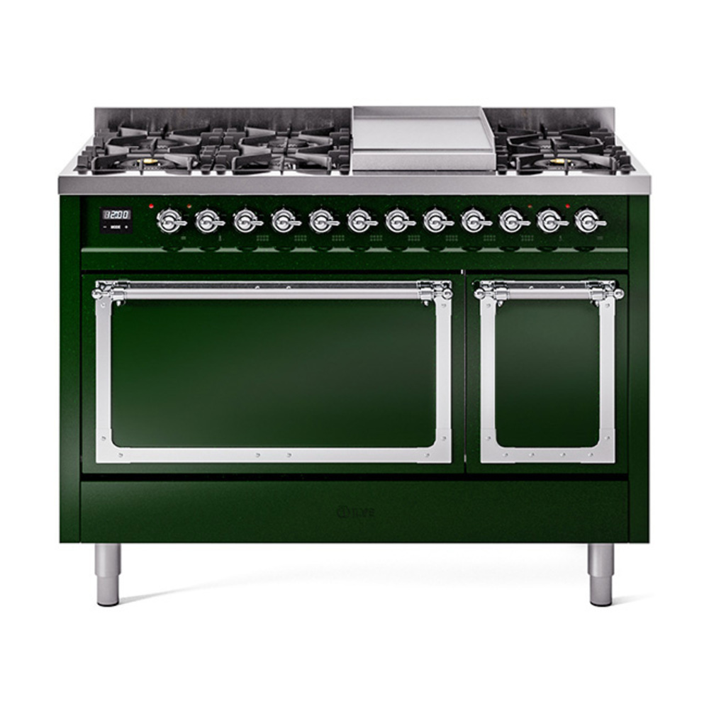 ILVE UN48FQNMPEGCLP Nostalgie II Noblesse 48" Dual Fuel Range  (8 Sealed Burners + Griddle, Liquid Propane, Solid Door, Emerald Green, Chrome)