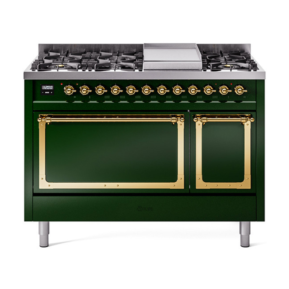 ILVE UN48FQNMPEGGLP Nostalgie II Noblesse 48" Dual Fuel Range  (8 Sealed Burners + Griddle, Liquid Propane, Solid Door, Emerald Green, Brass)