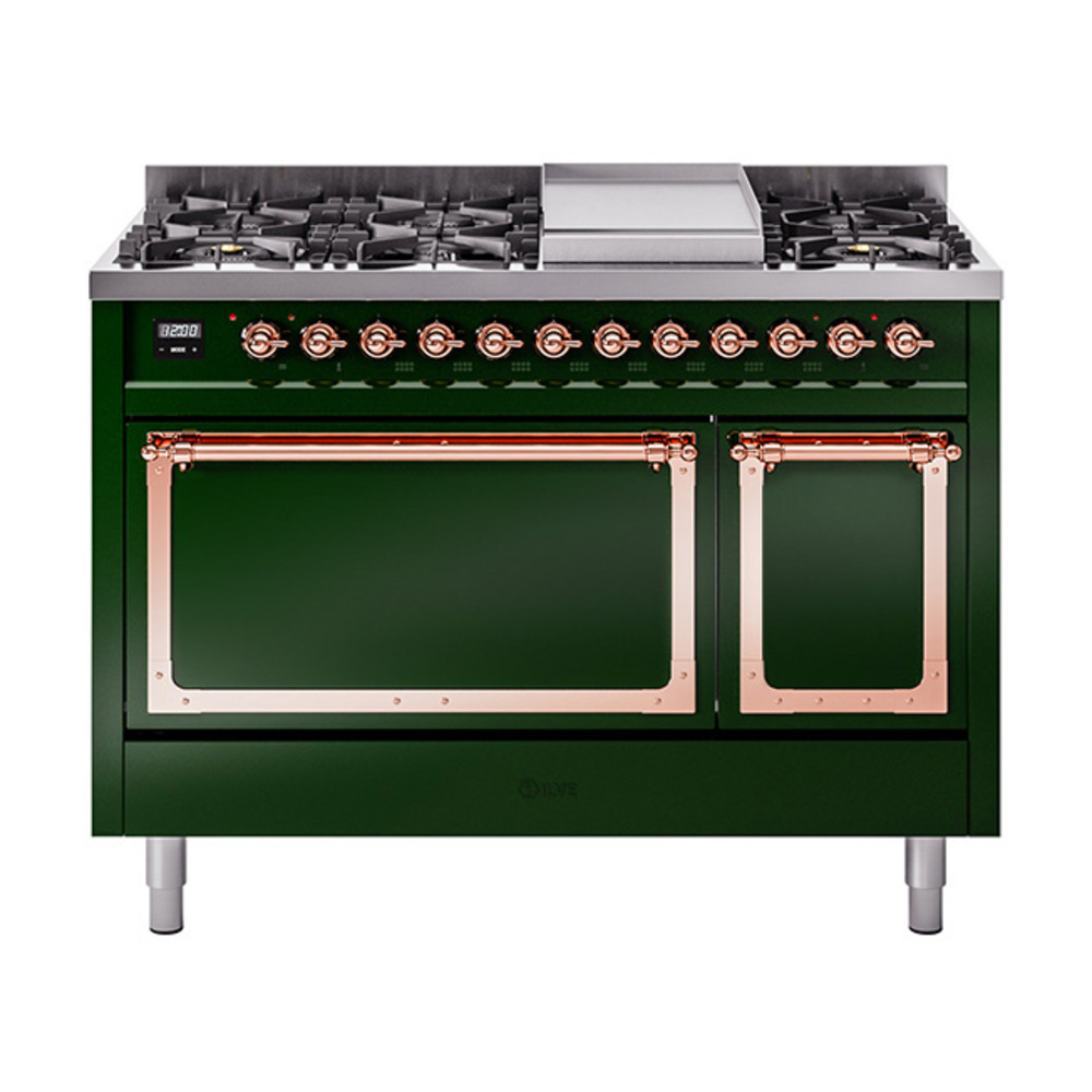 ILVE UN48FQNMPEGPLP Nostalgie II Noblesse 48" Dual Fuel Range  (8 Sealed Burners + Griddle, Liquid Propane, Solid Door, Emerald Green, Copper)