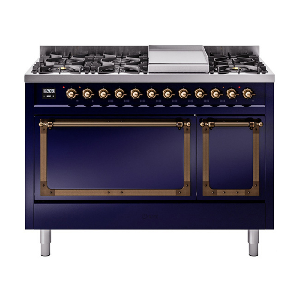 ILVE UN48FQNMPMBBLP Nostalgie II Noblesse 48" Dual Fuel Range  (8 Sealed Burners + Griddle, Liquid Propane, Solid Door, Midnight Blue, Bronze)