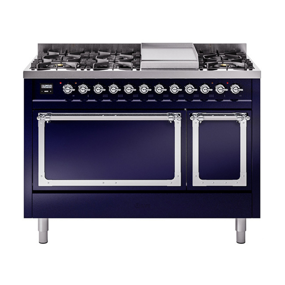 ILVE UN48FQNMPMBCLP Nostalgie II Noblesse 48" Dual Fuel Range  (8 Sealed Burners + Griddle, Liquid Propane, Solid Door, Midnight Blue, Chrome)