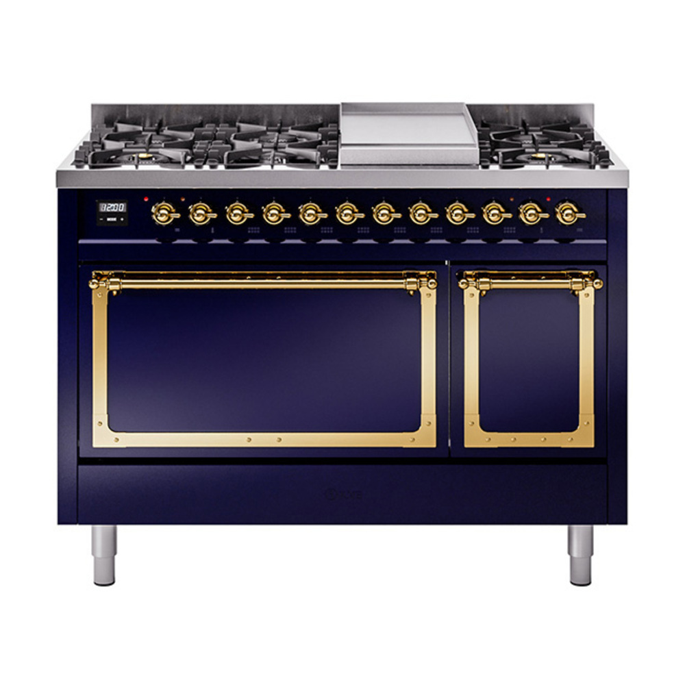 ILVE UN48FQNMPMBGLP Nostalgie II Noblesse 48" Dual Fuel Range  (8 Sealed Burners + Griddle, Liquid Propane, Solid Door, Midnight Blue, Brass)