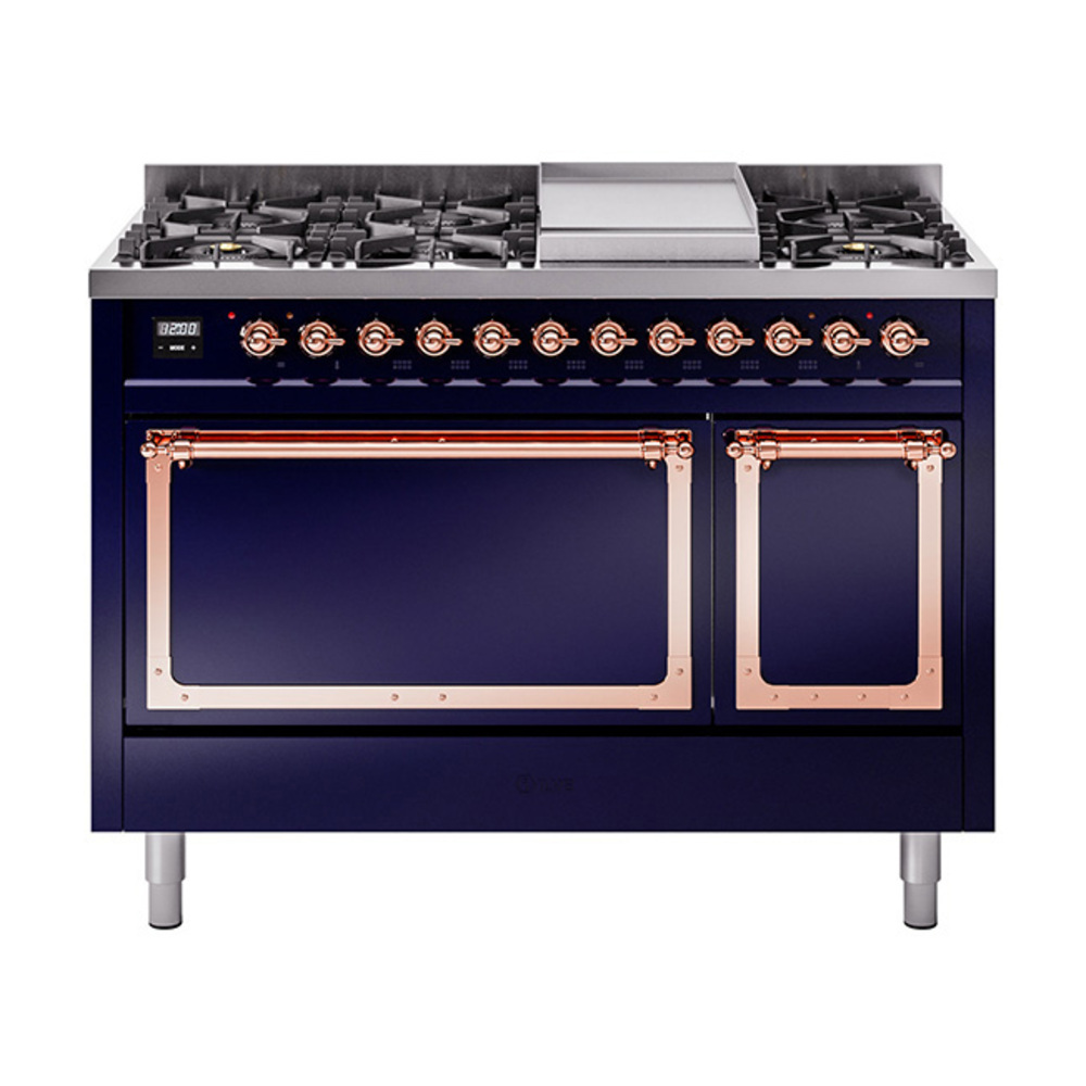 ILVE UN48FQNMPMBPLP Nostalgie II Noblesse 48" Dual Fuel Range  (8 Sealed Burners + Griddle, Liquid Propane, Solid Door, Midnight Blue, Copper)