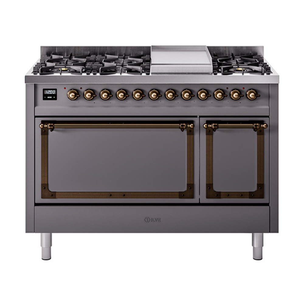 ILVE UN48FQNMPMGBLP Nostalgie II Noblesse 48" Dual Fuel Range  (8 Sealed Burners + Griddle, Liquid Propane, Solid Door, Graphite Matte, Bronze)