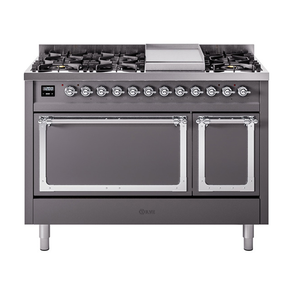 ILVE UN48FQNMPMGCLP Nostalgie II Noblesse 48" Dual Fuel Range  (8 Sealed Burners + Griddle, Liquid Propane, Solid Door, Graphite Matte, Chrome)