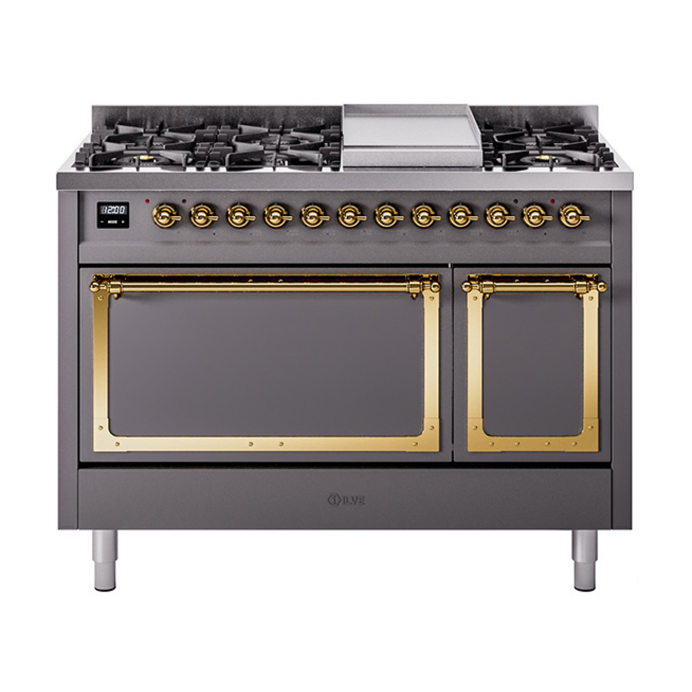 ILVE UN48FQNMPMGGLP Nostalgie II Noblesse 48" Dual Fuel Range  (8 Sealed Burners + Griddle, Liquid Propane, Solid Door, Graphite Matte, Brass)