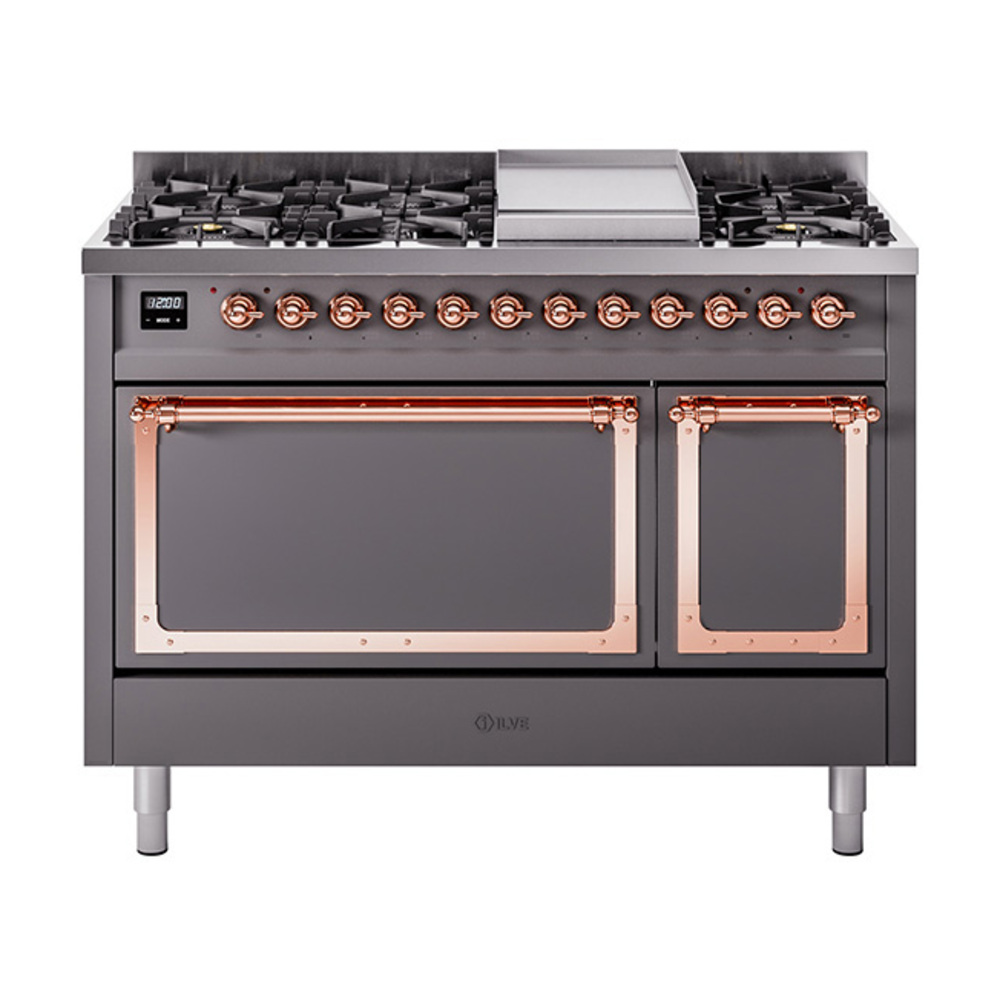 ILVE UN48FQNMPMGPLP Nostalgie II Noblesse 48" Dual Fuel Range  (8 Sealed Burners + Griddle, Liquid Propane, Solid Door, Graphite Matte, Copper)