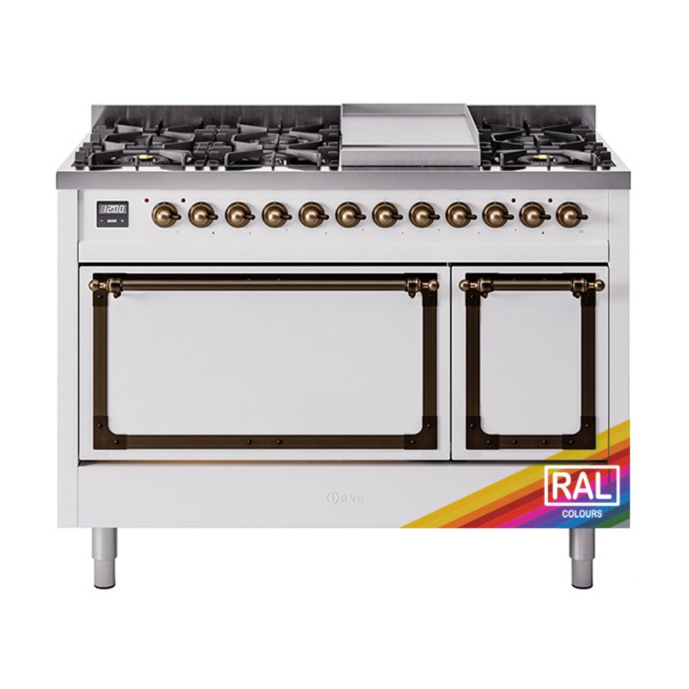 ILVE UN48FQNMPRABLP Nostalgie II Noblesse 48" Dual Fuel Range  (8 Sealed Burners + Griddle, Liquid Propane, Solid Door, RAL, Burnished)