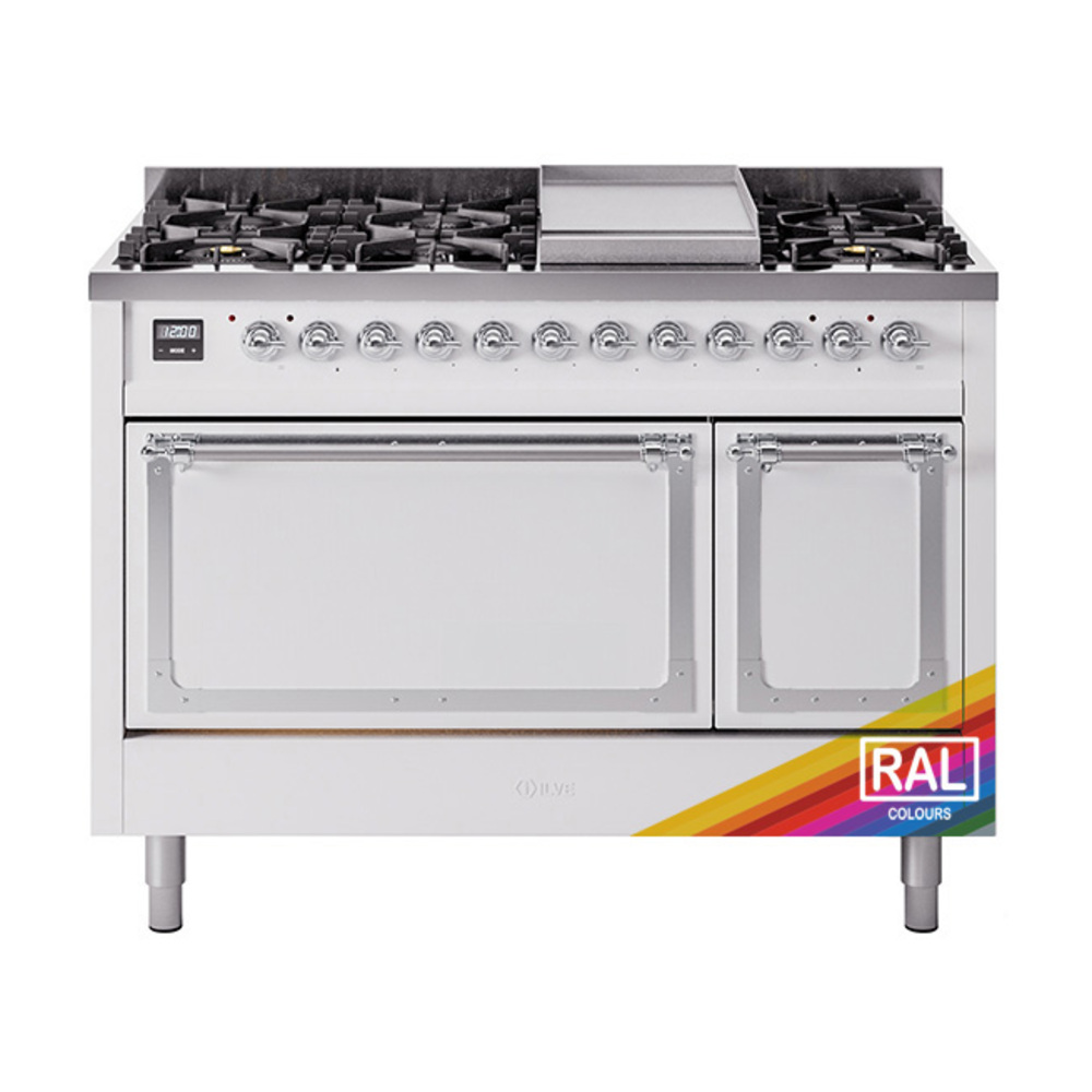 ILVE UN48FQNMPRACLP Nostalgie II Noblesse 48" Dual Fuel Range  (8 Sealed Burners + Griddle, Liquid Propane, Solid Door, RAL, Chrome)