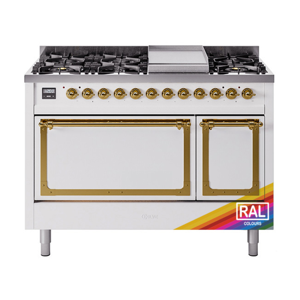 ILVE UN48FQNMPRAGLP Nostalgie II Noblesse 48" Dual Fuel Range  (8 Sealed Burners + Griddle, Liquid Propane, Solid Door, RAL, Brass)