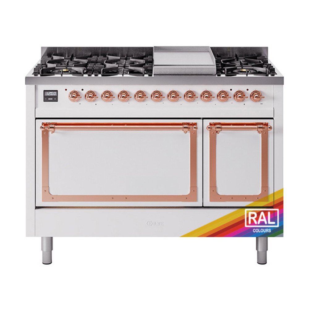 ILVE UN48FQNMPRAPLP Nostalgie II Noblesse 48" Dual Fuel Range  (8 Sealed Burners + Griddle, Liquid Propane, Solid Door, RAL, Copper)