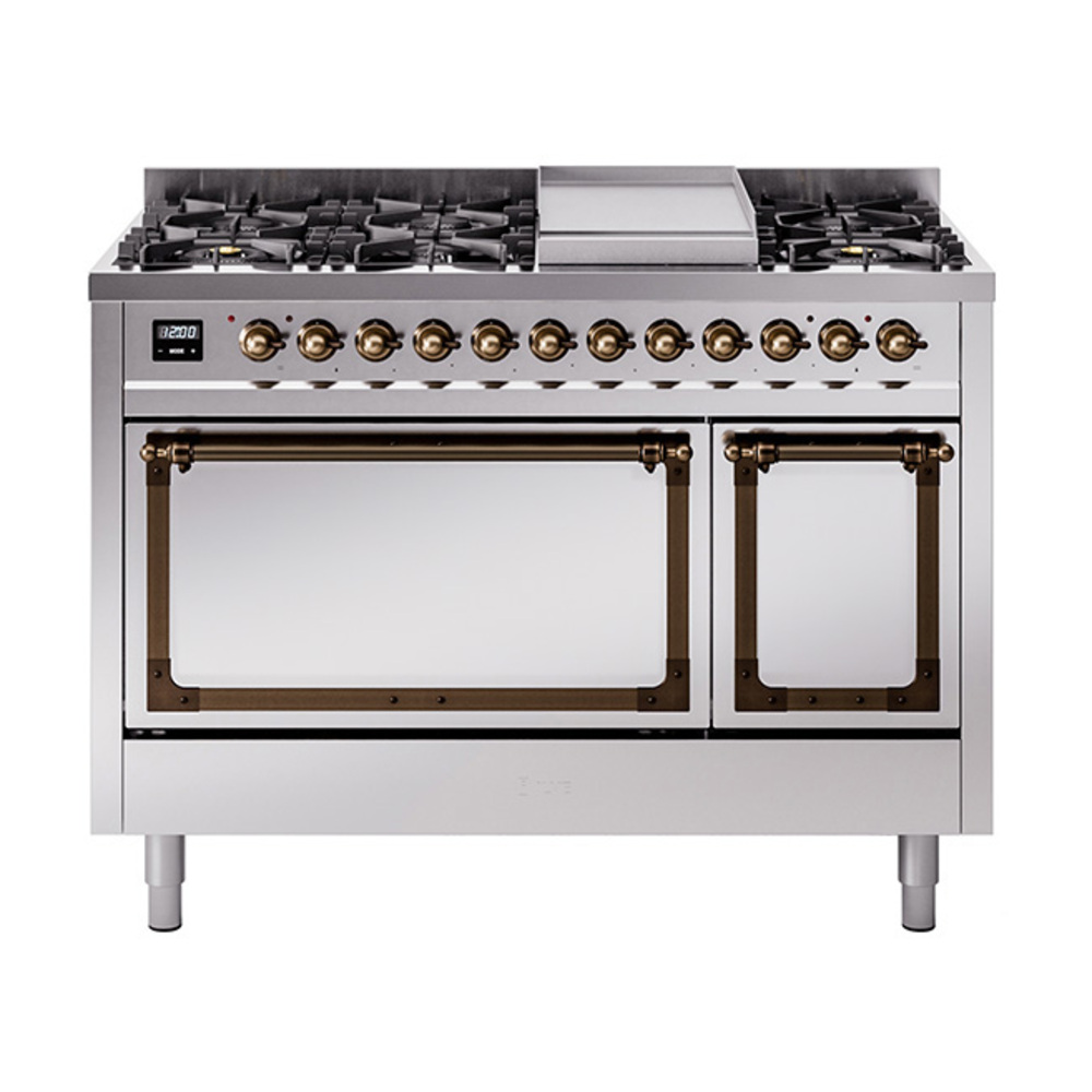 ILVE UN48FQNMPSSBLP Nostalgie II Noblesse 48" Dual Fuel Range  (8 Sealed Burners + Griddle, Liquid Propane, Solid Door, Stainless Steel, Bronze)