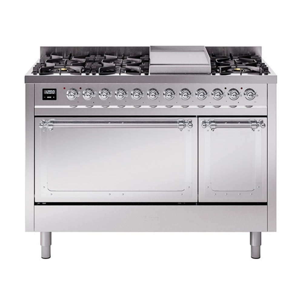 ILVE UN48FQNMPSSCLP Nostalgie II Noblesse 48" Dual Fuel Range  (8 Sealed Burners + Griddle, Liquid Propane, Solid Door, Stainless Steel, Chrome)