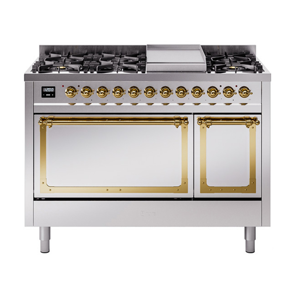 ILVE UN48FQNMPSSGLP Nostalgie II Noblesse 48" Dual Fuel Range  (8 Sealed Burners + Griddle, Liquid Propane, Solid Door, Stainless Steel, Brass)