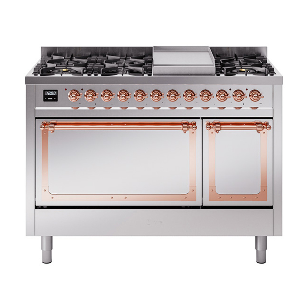 ILVE UN48FQNMPSSPLP Nostalgie II Noblesse 48" Dual Fuel Range  (8 Sealed Burners + Griddle, Liquid Propane, Solid Door, Stainless Steel, Copper)