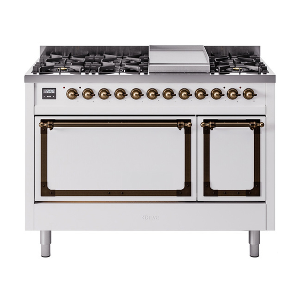 ILVE UN48FQNMPWHBLP Nostalgie II Noblesse 48" Dual Fuel Range  (8 Sealed Burners + Griddle, Liquid Propane, Solid Door, White, Burnished)