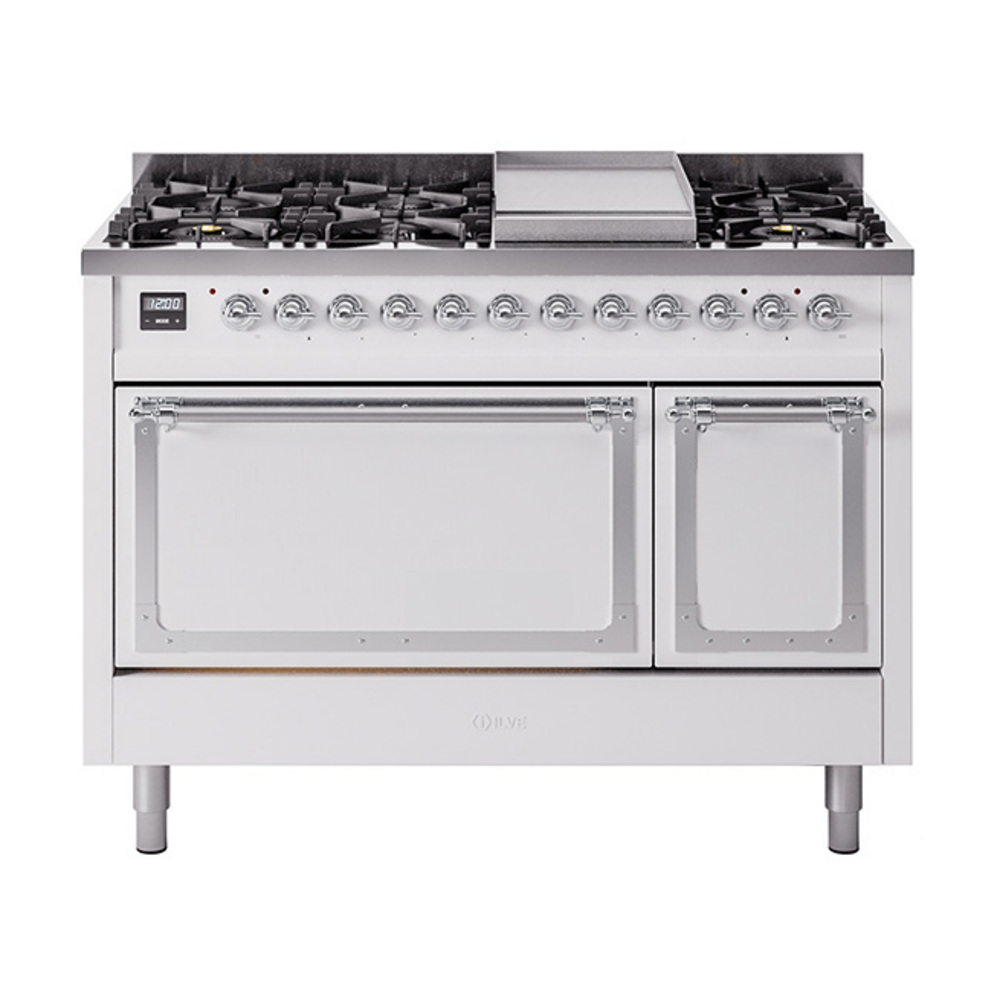 ILVE UN48FQNMPWHCLP Nostalgie II Noblesse 48" Dual Fuel Range  (8 Sealed Burners + Griddle, Liquid Propane, Solid Door, White, Chrome)