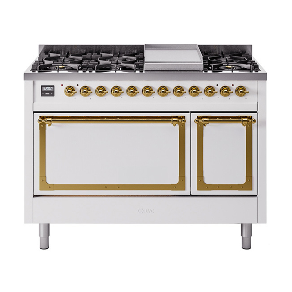 ILVE UN48FQNMPWHGLP Nostalgie II Noblesse 48" Dual Fuel Range  (8 Sealed Burners + Griddle, Liquid Propane, Solid Door, White, Brass)