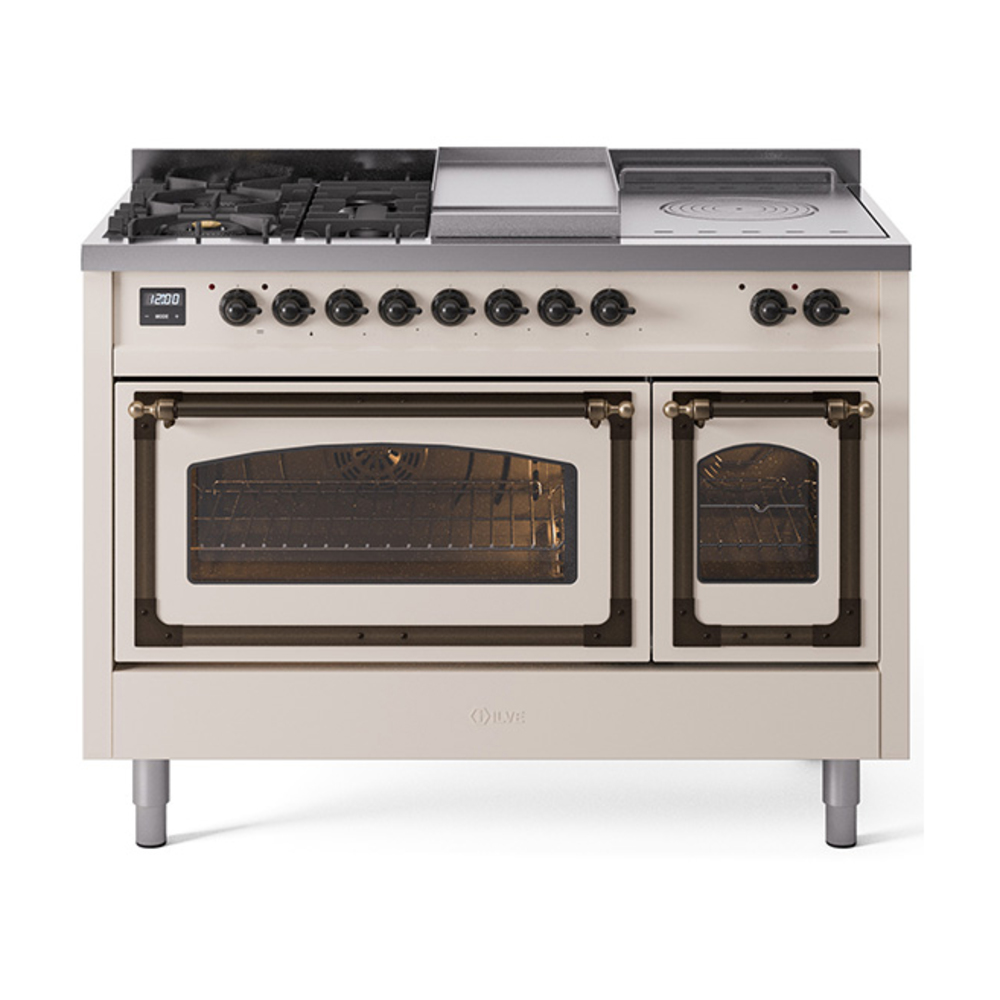 ILVE UN48FSNMPAWBLP Nostalgie II Noblesse 48" Dual Fuel Range  (5 Sealed Burners + Griddle + French Top, Liquid Propane, Triple Glass Door, Antique White, Bronze)