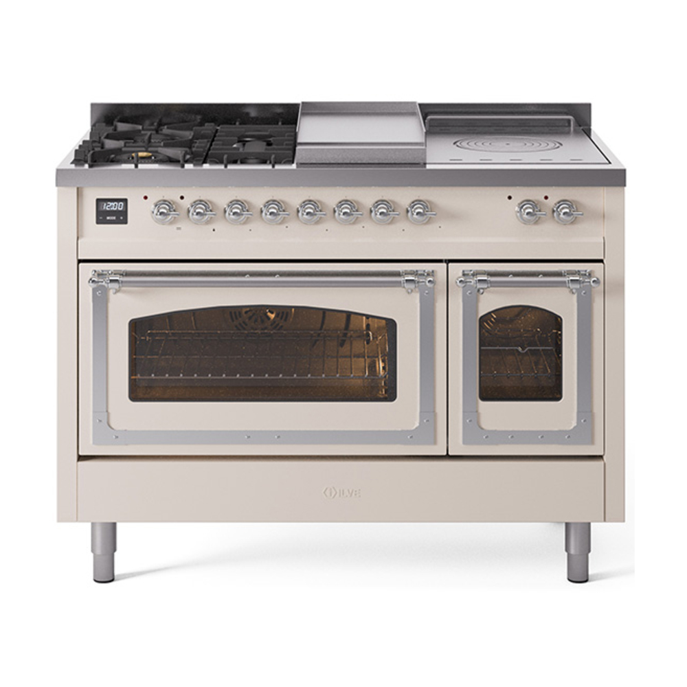 ILVE UN48FSNMPAWCLP Nostalgie II Noblesse 48" Dual Fuel Range  (5 Sealed Burners + Griddle + French Top, Liquid Propane, Triple Glass Door, Antique White, Chrome)