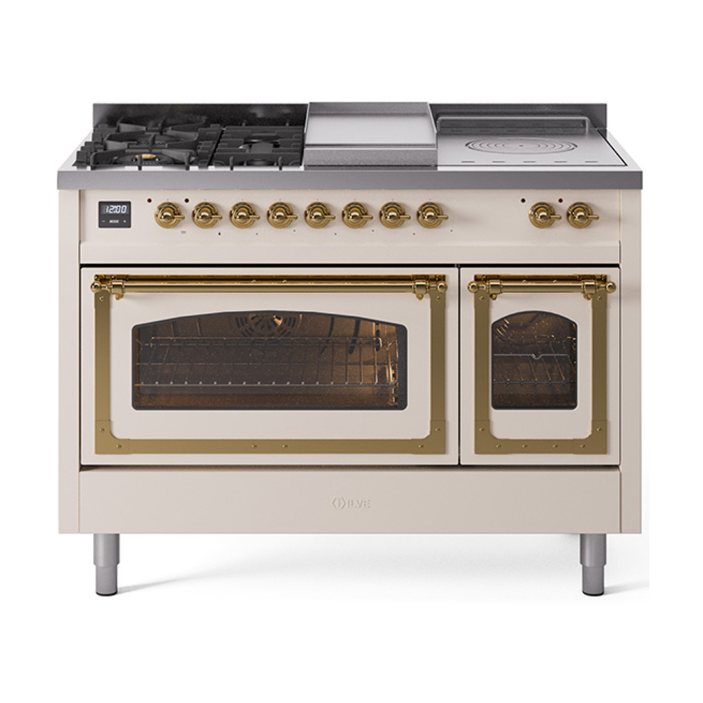 ILVE UN48FSNMPAWGLP Nostalgie II Noblesse 48" Dual Fuel Range  (5 Sealed Burners + Griddle + French Top, Liquid Propane, Triple Glass Door, Antique White, Brass)